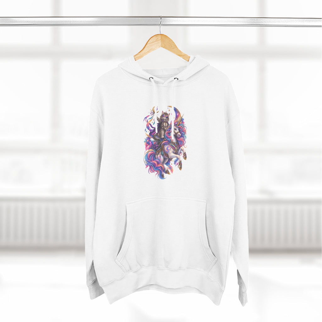 Colorful Cosmic Cat Riding a Unicorn — Vibrant Nebula Graphic Pullover