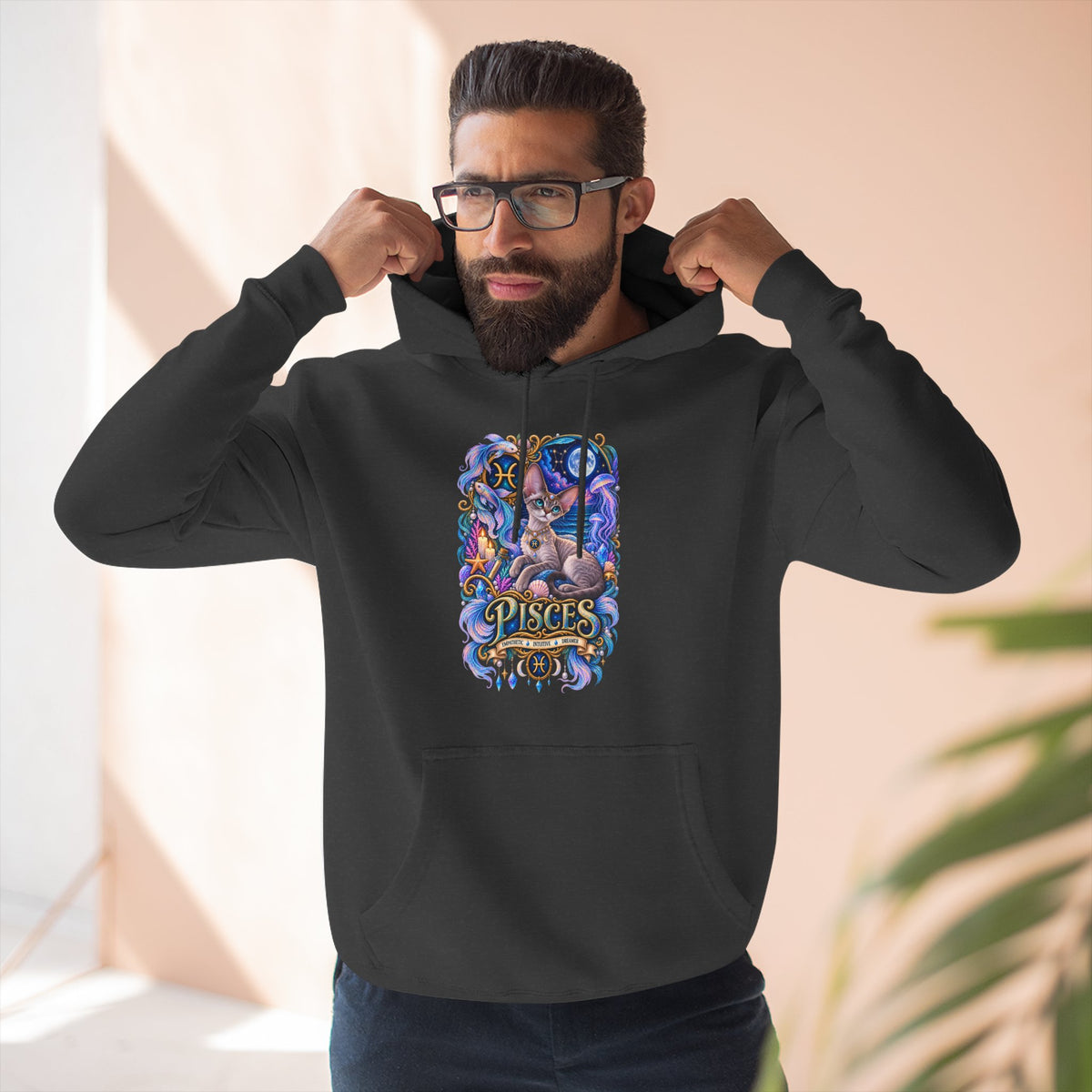Pisces Zodiac Devon Rex Cat Hoodie — Mystical Watercolor Fish Astrology Pullover