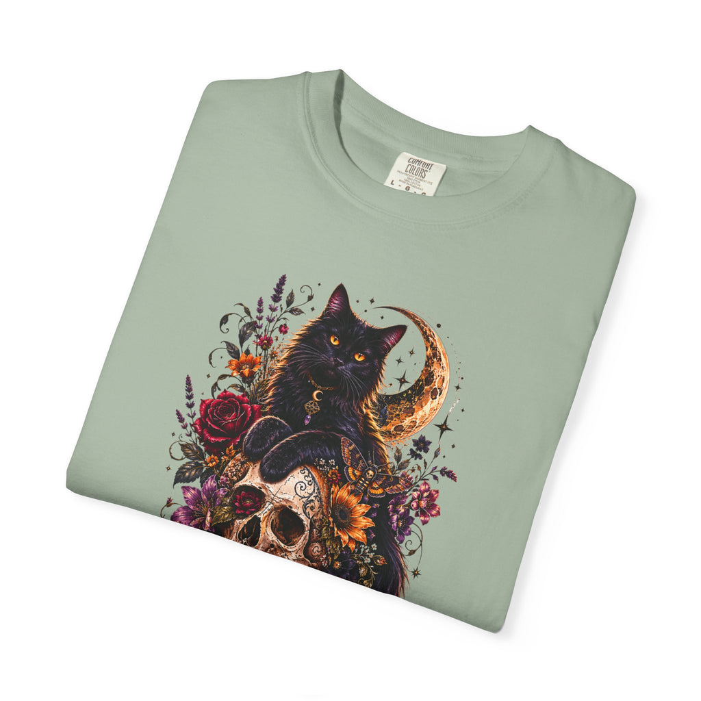 Cat & Skull Gothic T-Shirt — Black Cat Moon Floral Graphic Tee