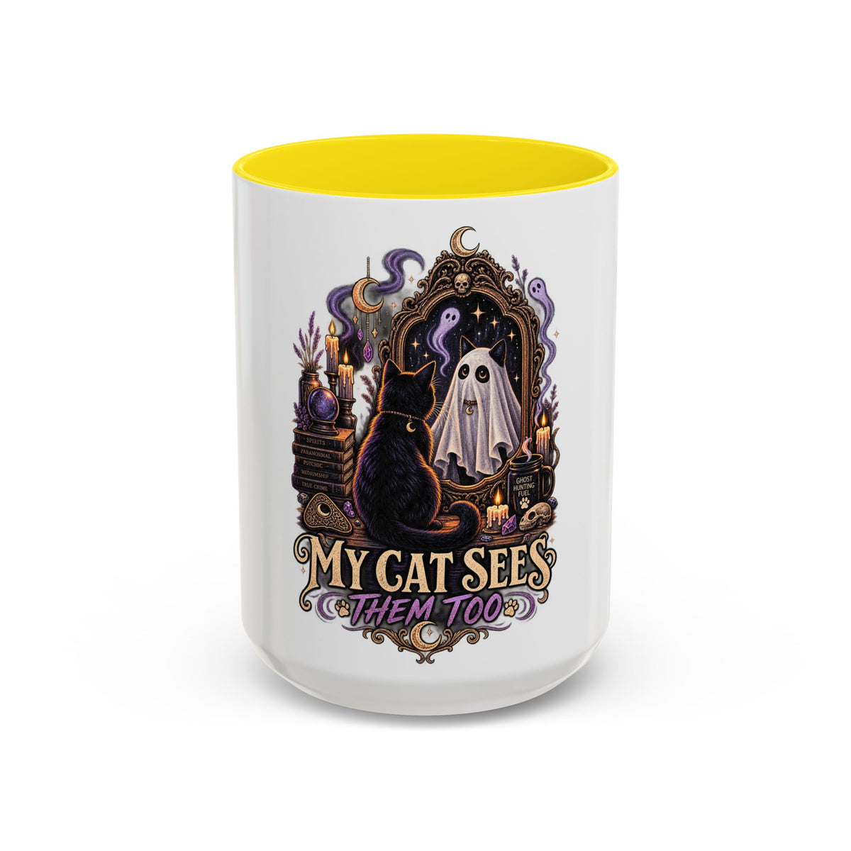 My Cat Sees Them Too Accent Coffee Mug – Halloween Cat & Ghost 11/15oz