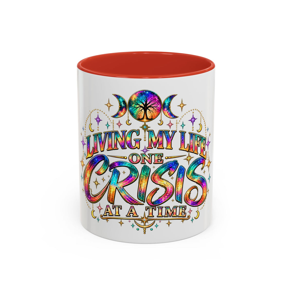 Coffee Mug — "Living My Life One Crisis at a Time" Colorful Boho Accent Mug (11/15oz)