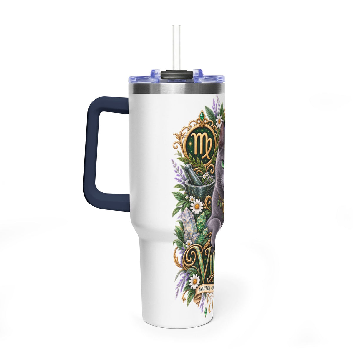 Virgo Cat 40oz Thermal Tumbler — Russian Blue Zodiac Astrology Travel Mug