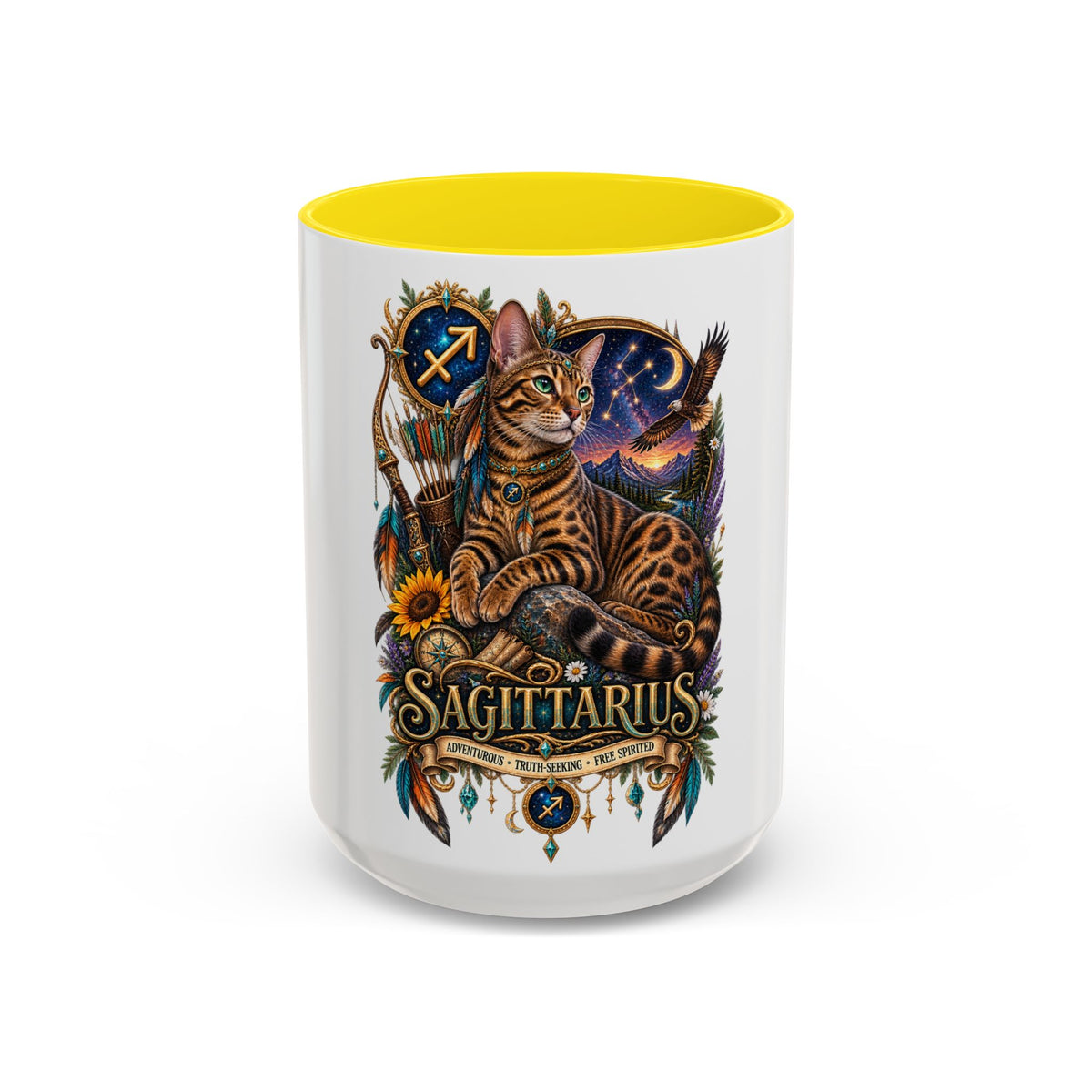 Sagittarius Bengal Cat Zodiac Coffee Mug — Cat Archer Astrology Accent Mug (11/15oz)