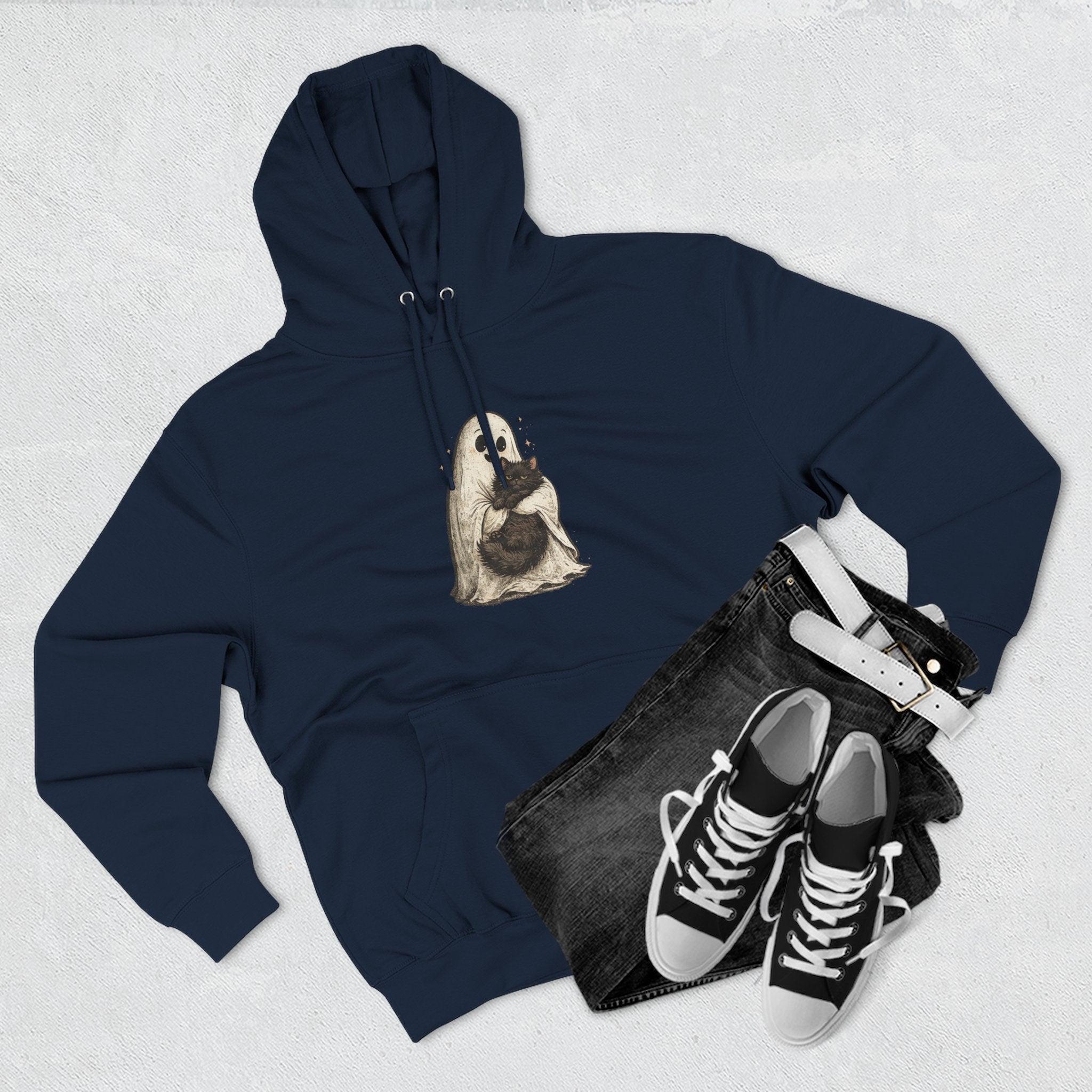Boo & Meow Ghost Hugging Black Cat hoodie | Cute Spooky Tee Fleece Pullover