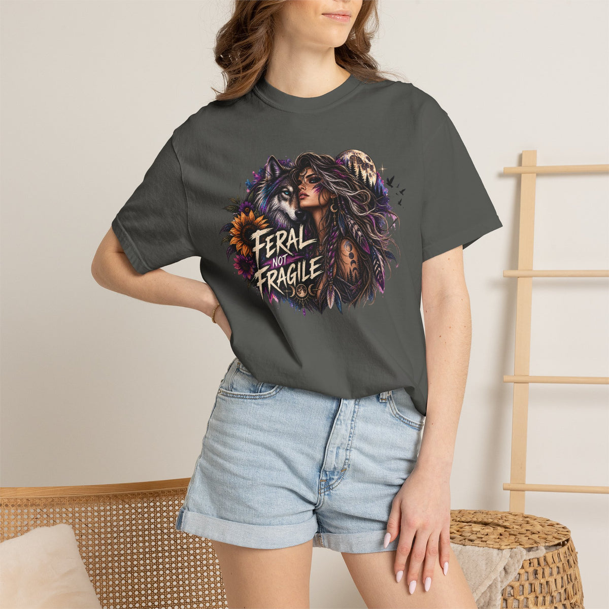 Feral Not Fragile Graphic T-Shirt — Wolf & Woman Nature Art Tee
