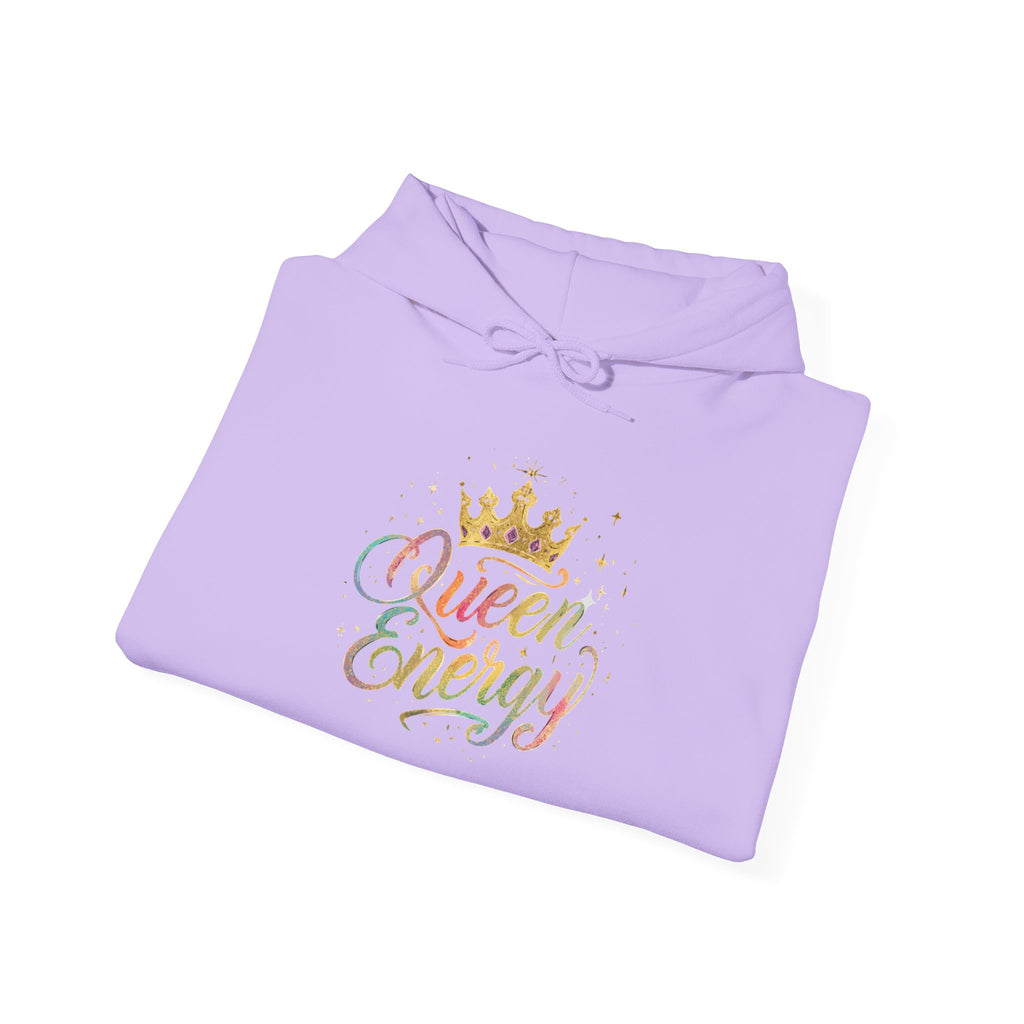 Queen Energy Hoodie — Feminine Crown Graphic Pullover with Star Sleeve Accents