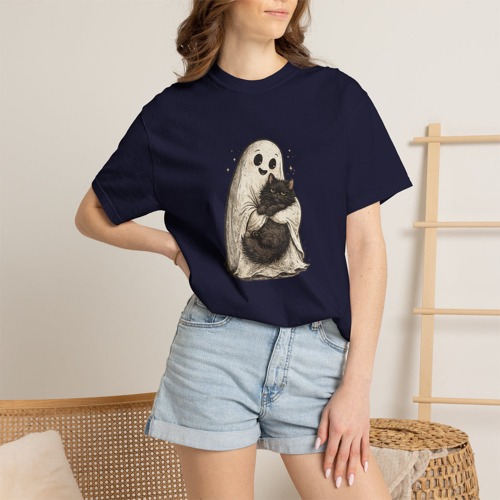 Boo & Meow Ghost Hugging Black Cat T-Shirt | Cute Spooky Tee
