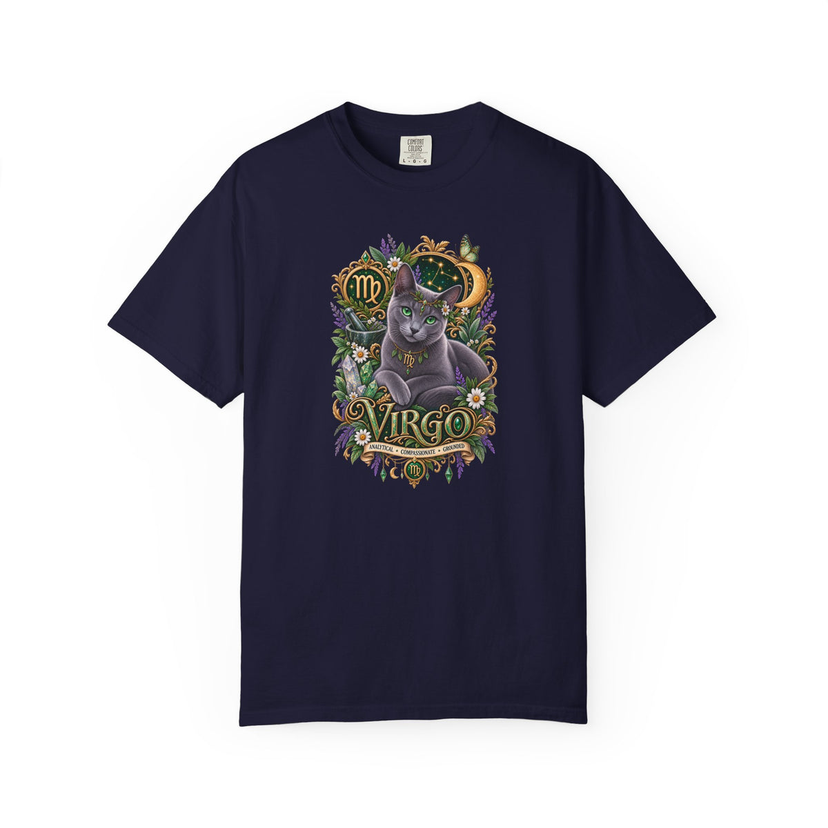 Virgo Cat Zodiac T-Shirt — Virgo Astrology Tee with Russian Blue & Floral Design