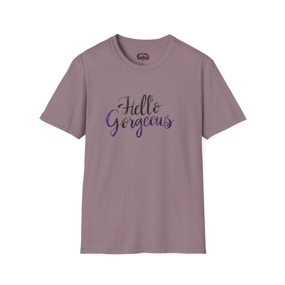 T-Shirt — "Hello Gorgeous" Purple Black Script Graphic Tee