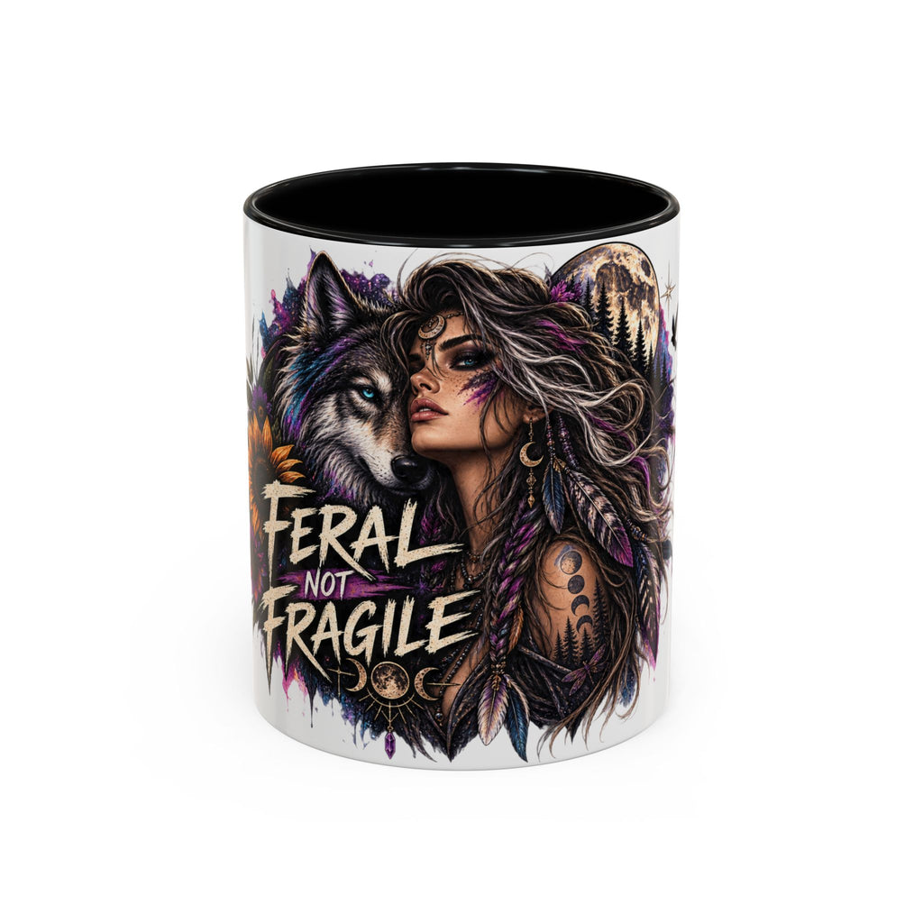 Feral Not Fragile Accent Coffee Mug — Wolf Goddess 11oz/15oz