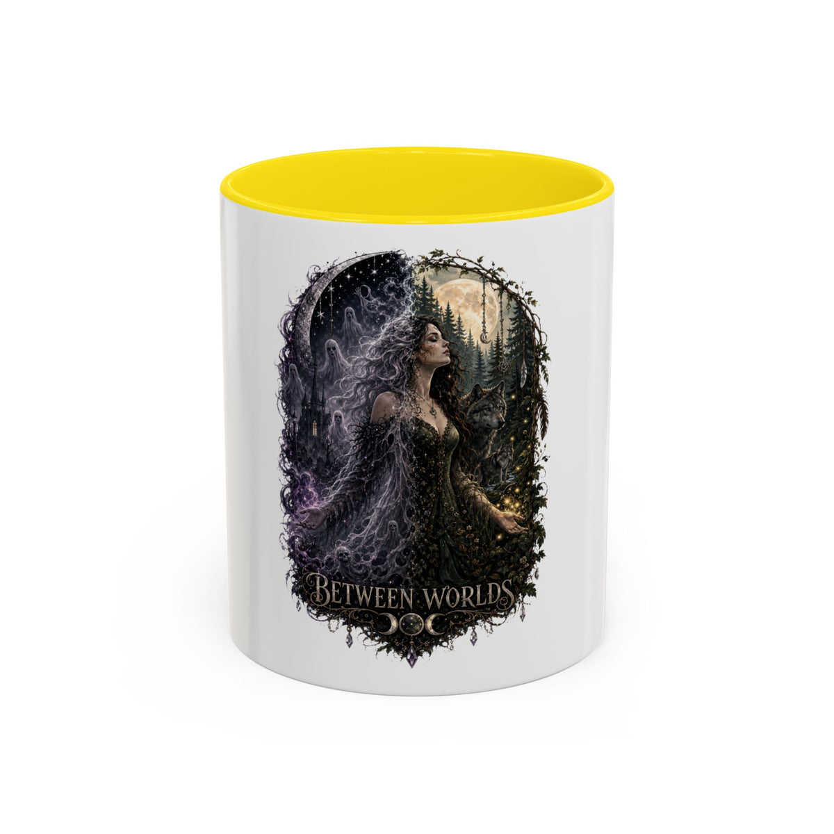 Between Worlds Accent Coffee Mug — Gothic Fantasy Witch Illustration (11/15oz)