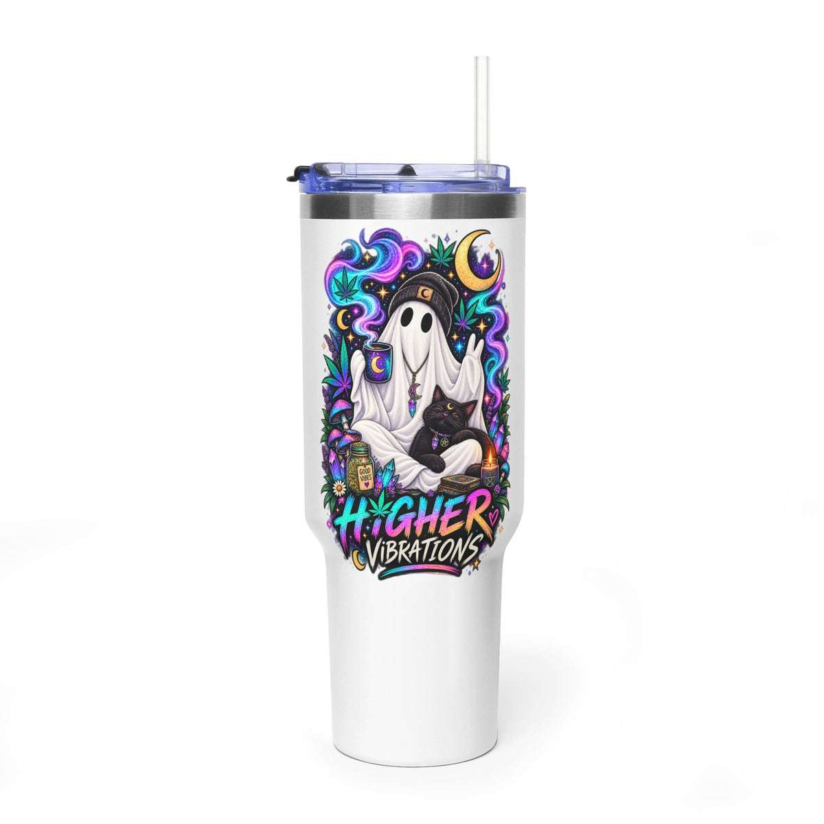 40oz Tumbler — "Higher Vibrations" Ghost & Cat Thermal Travel Mug
