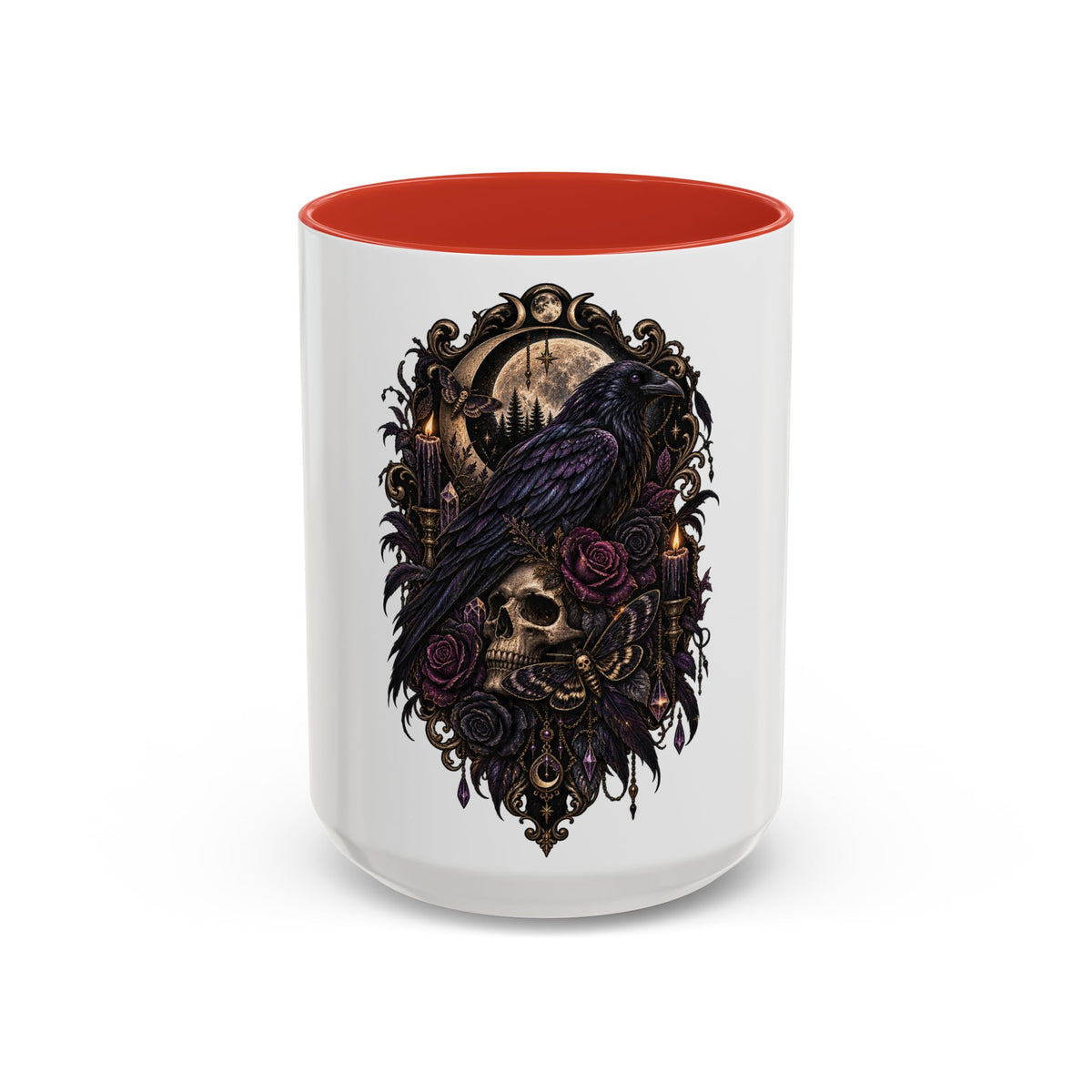 Gothic Raven & Skull Accent Coffee Mug — Dark Floral Occult Tea Cup