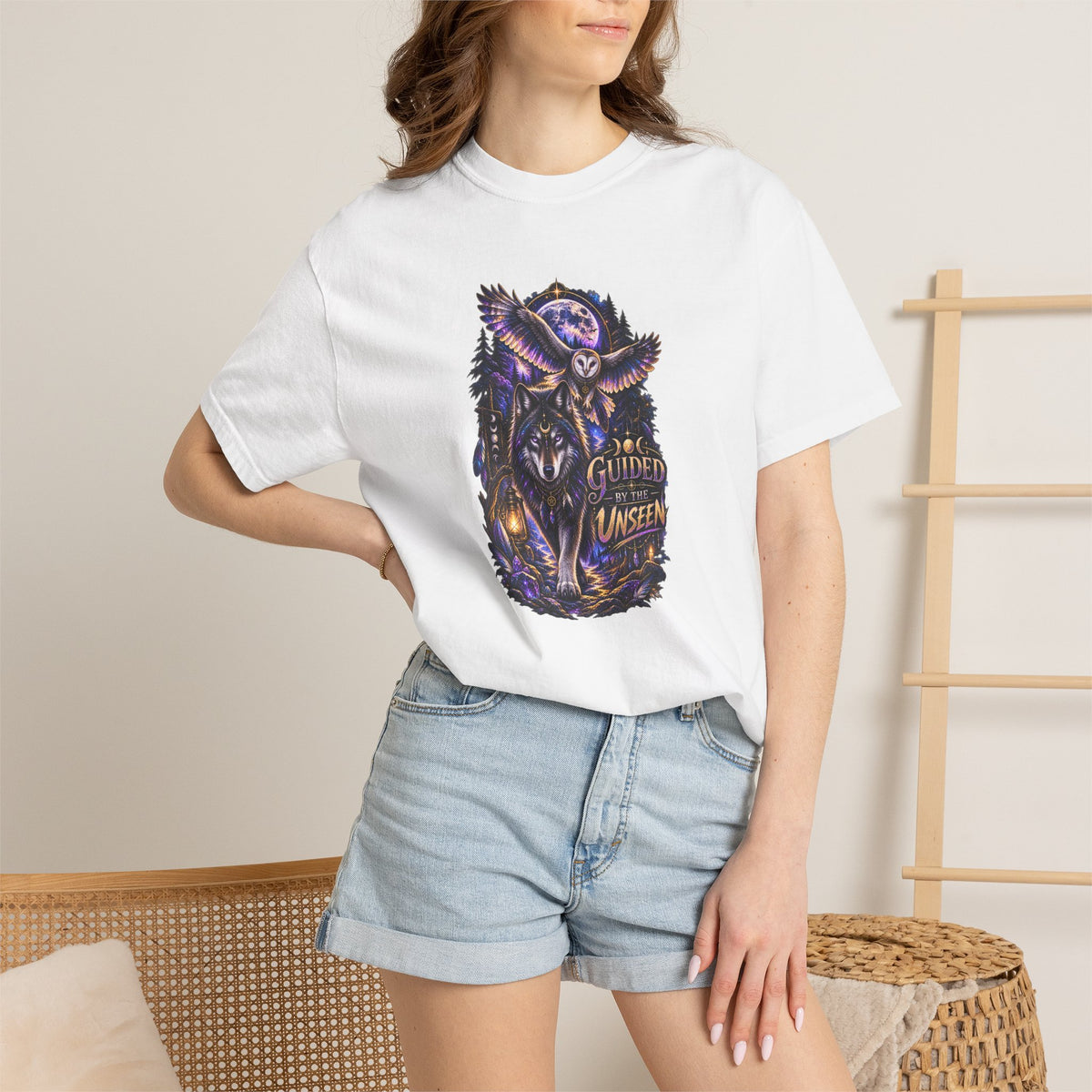 Occult Owl and Wolf Guardian Graphic T-Shirt — 'Guardian of the Unseen' Vintage Night Vibe