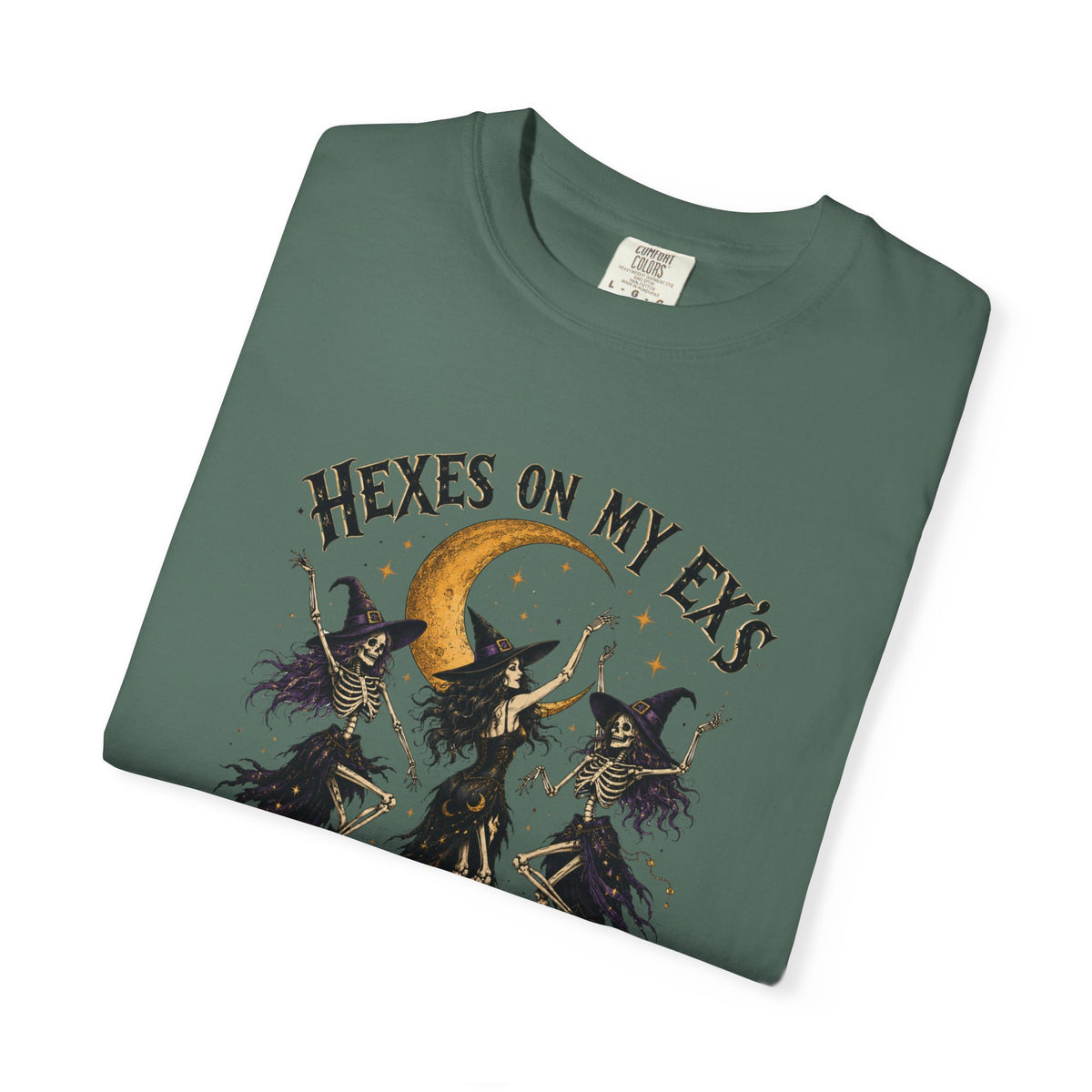 Witches and skeleton Graphic T-Shirt — "Hexes On My Ex's" Moon Witch Tee