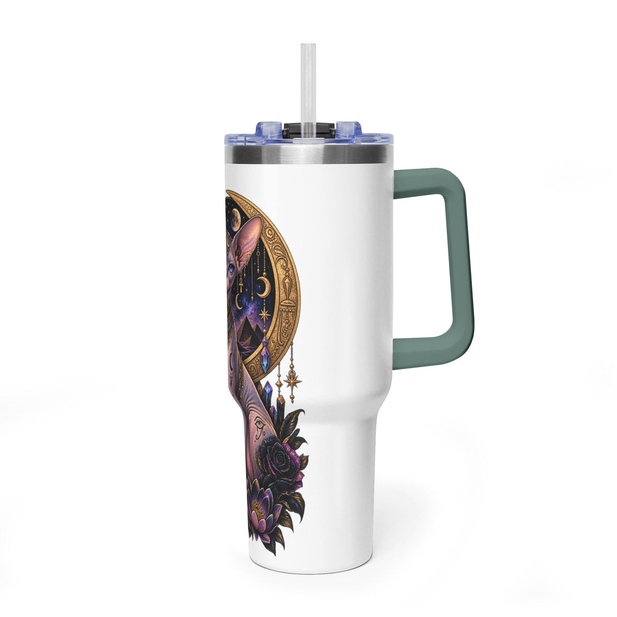40oz Sphynx Cat Tumbler — Mystical Moon Vacuum Insulated Travel Mug