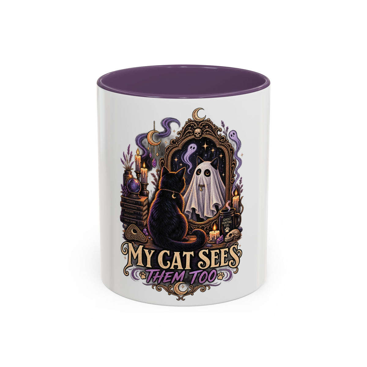 My Cat Sees Them Too Accent Coffee Mug – Halloween Cat & Ghost 11/15oz