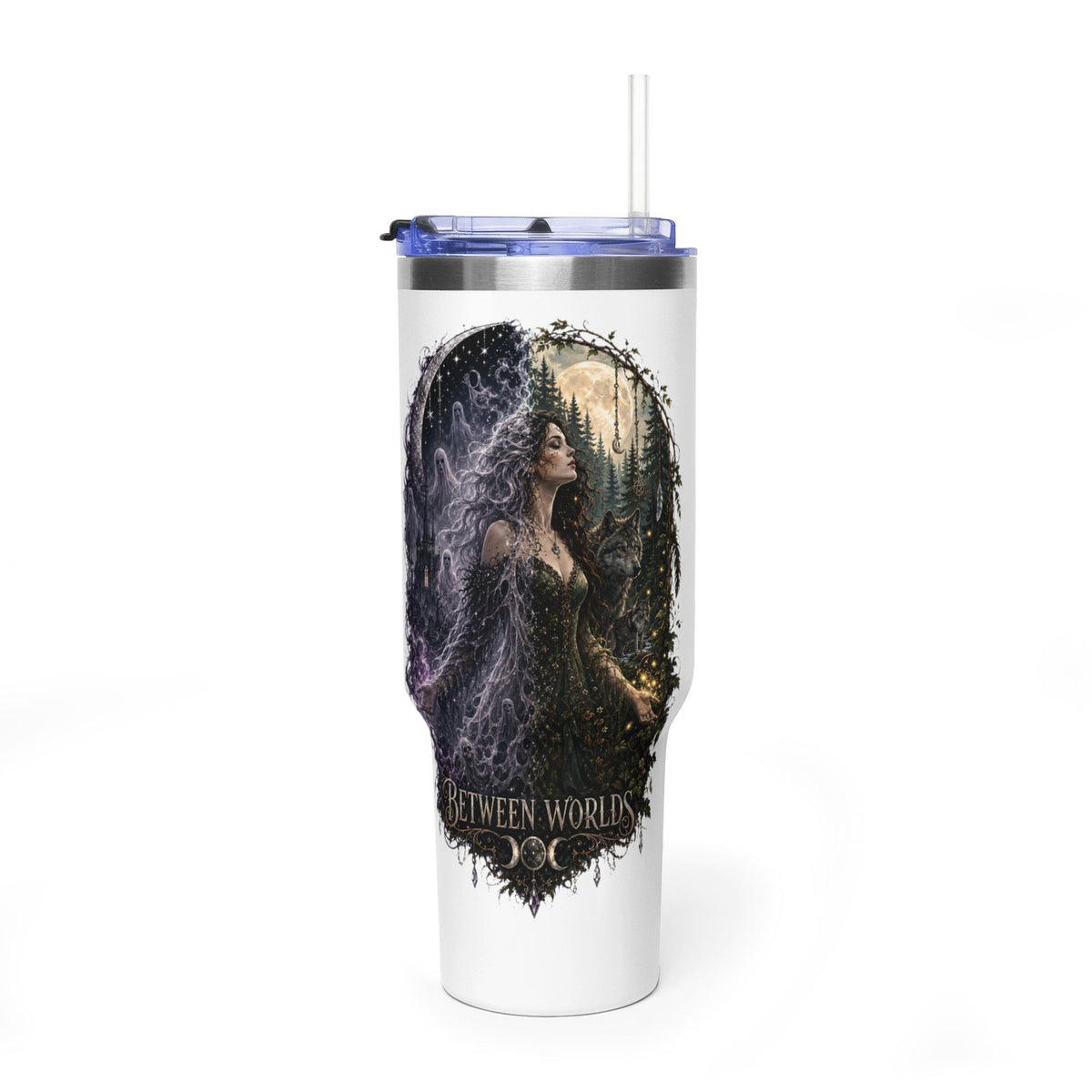 40oz Vacuum Tumbler — "Between Worlds" Mystical Forest Goddess Design
