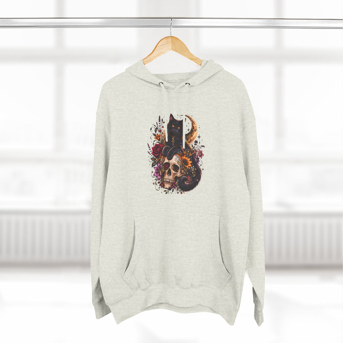 Skull & Cat Hoodie — Romantic Gothic Celestial Moon Graphic Fleece Pullover