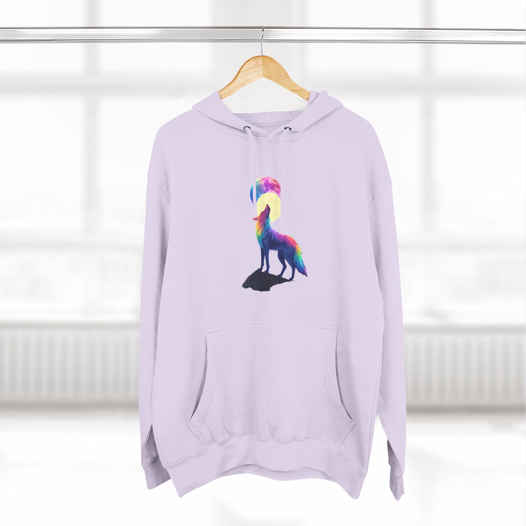 Rainbow Wolf Silhouette Hoodie | Colorful Moon Graphic
