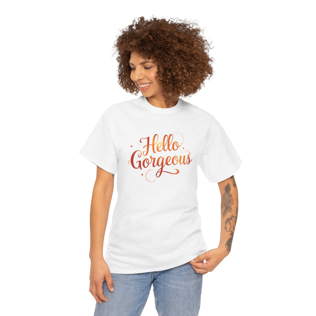Hello Gorgeous Sunset T-Shirt — Feminine Script Graphic Tee