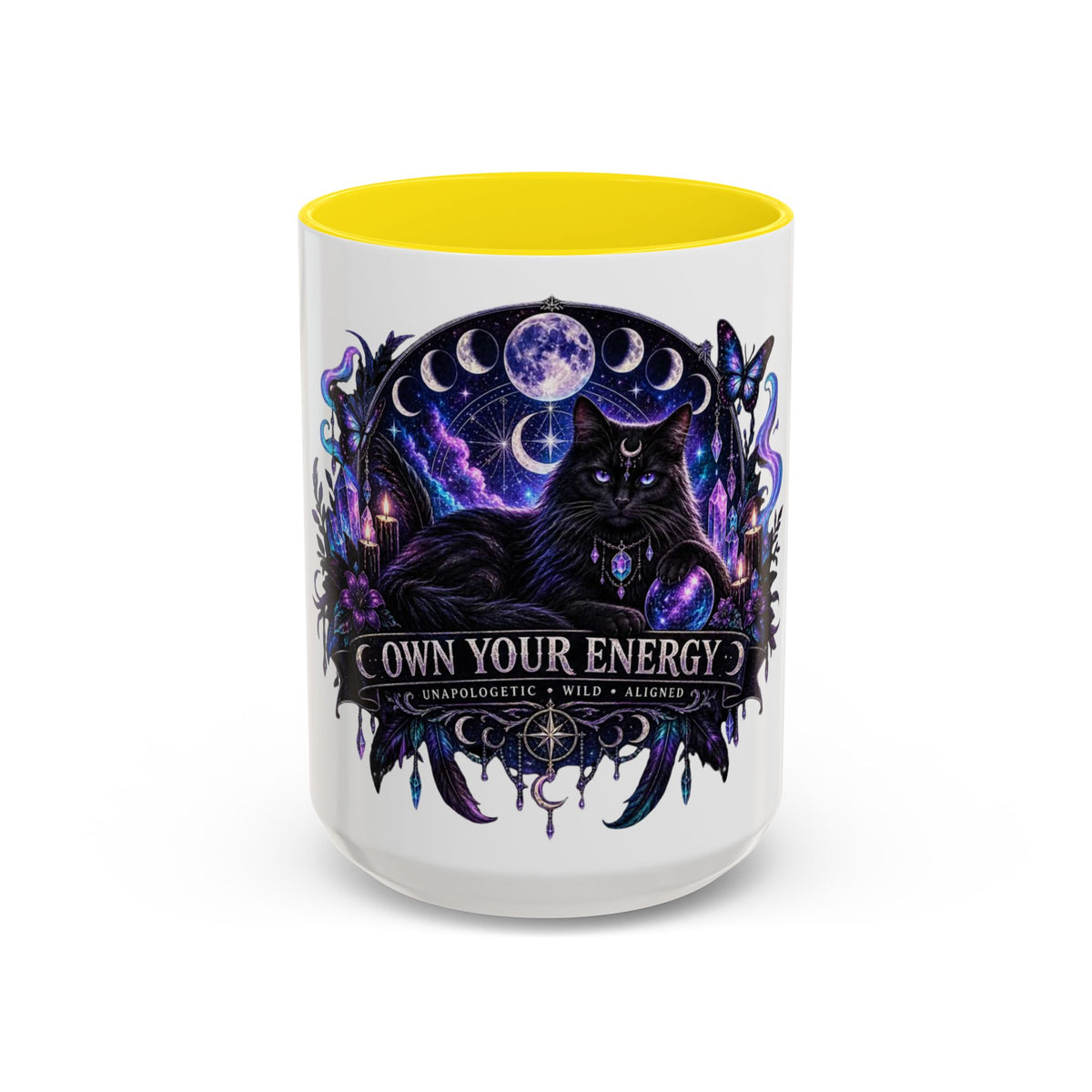 Own Your Energy Black Cat Coffee Mug – Spiritual Moon Phase Tea Cup
