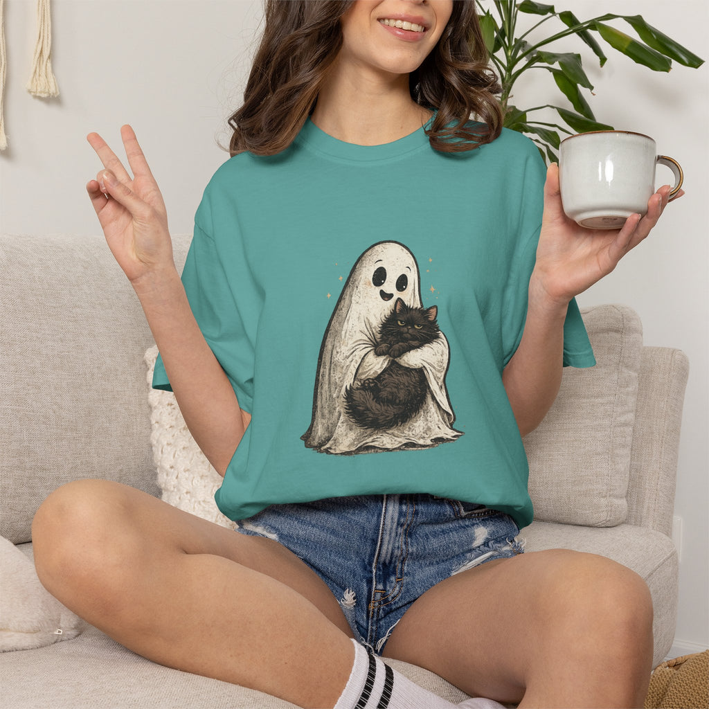 Boo & Meow Ghost Hugging Black Cat T-Shirt | Cute Spooky Tee