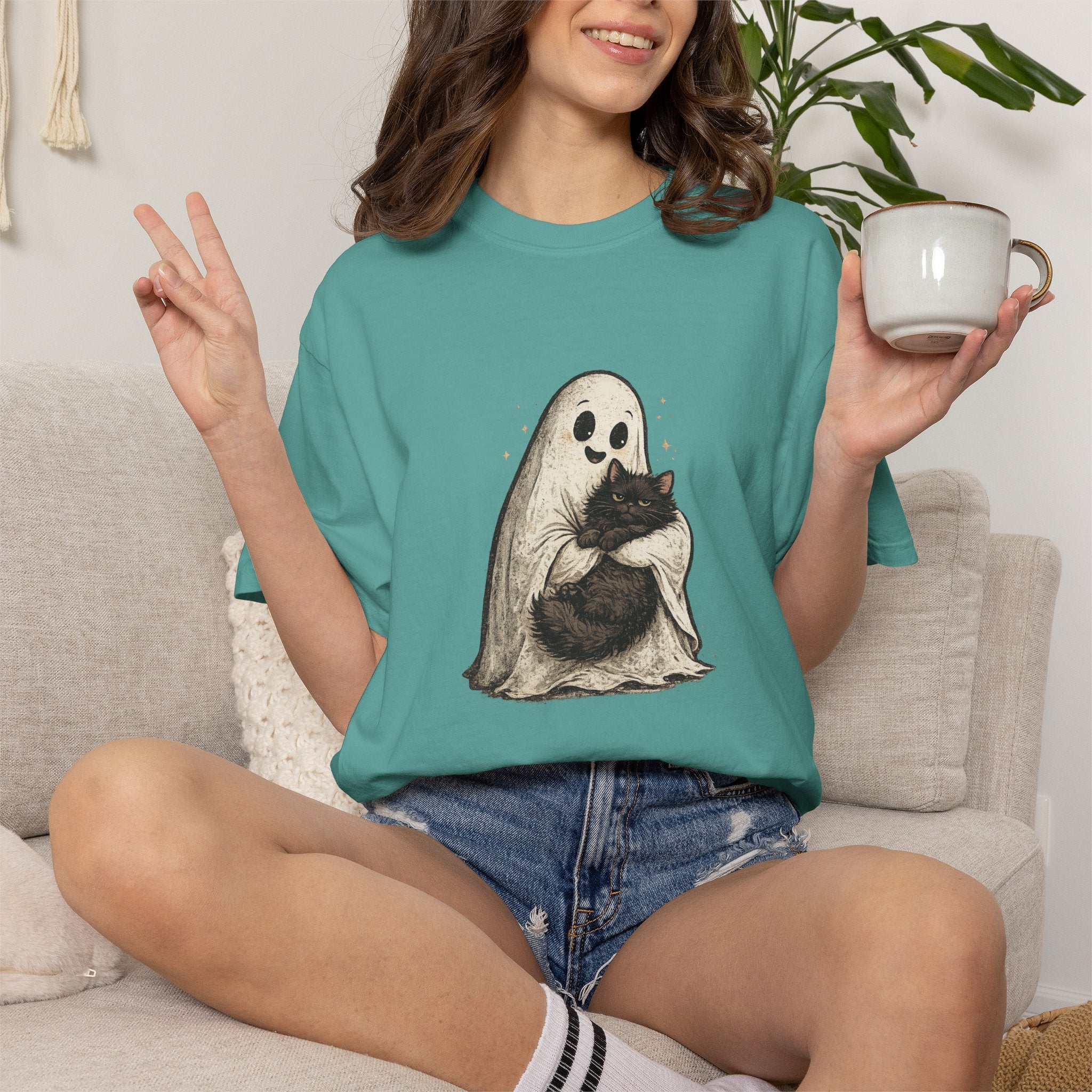 Boo & Meow Ghost Hugging Black Cat T-Shirt | Cute Spooky Tee