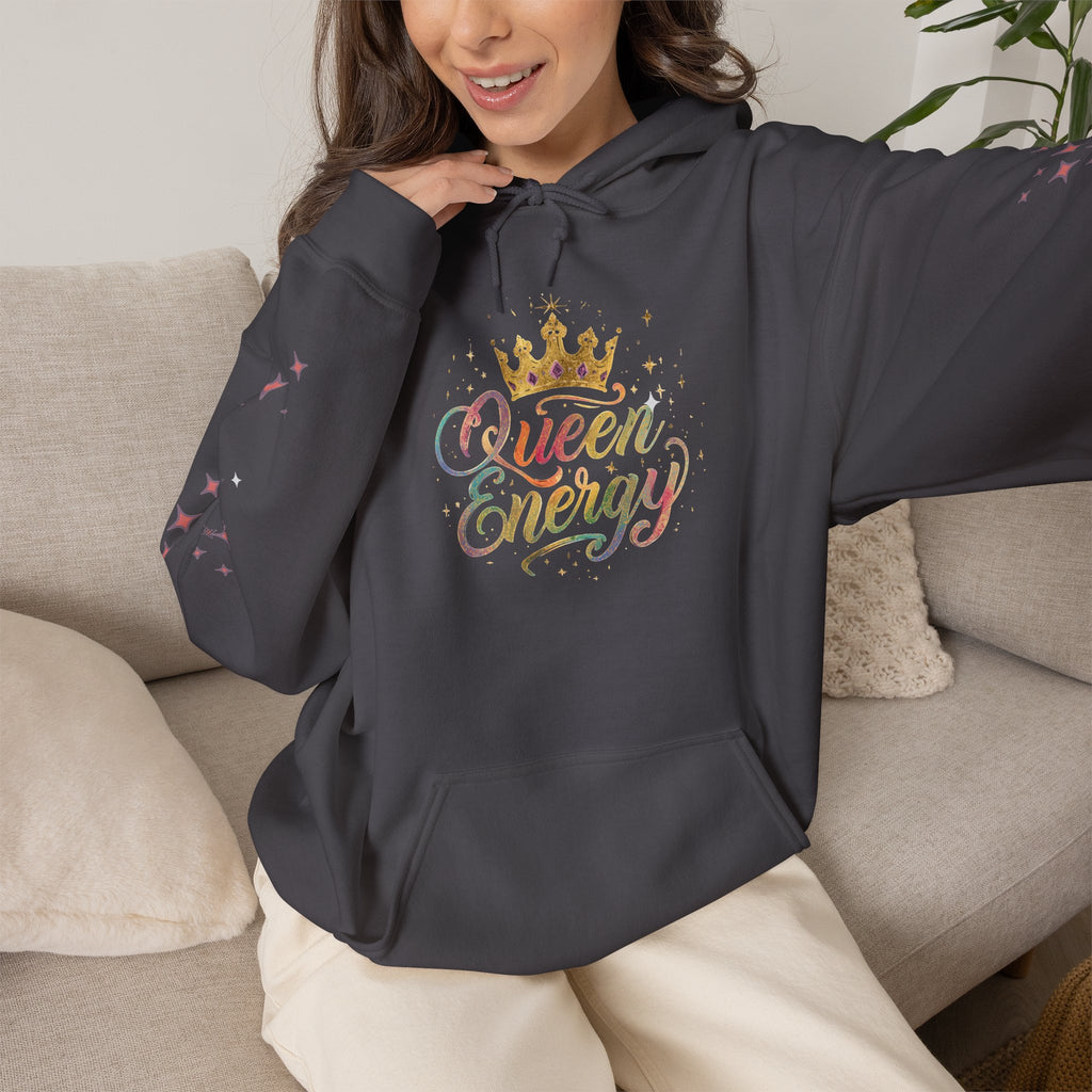 Queen Energy Hoodie — Feminine Crown Graphic Pullover with Star Sleeve Accents