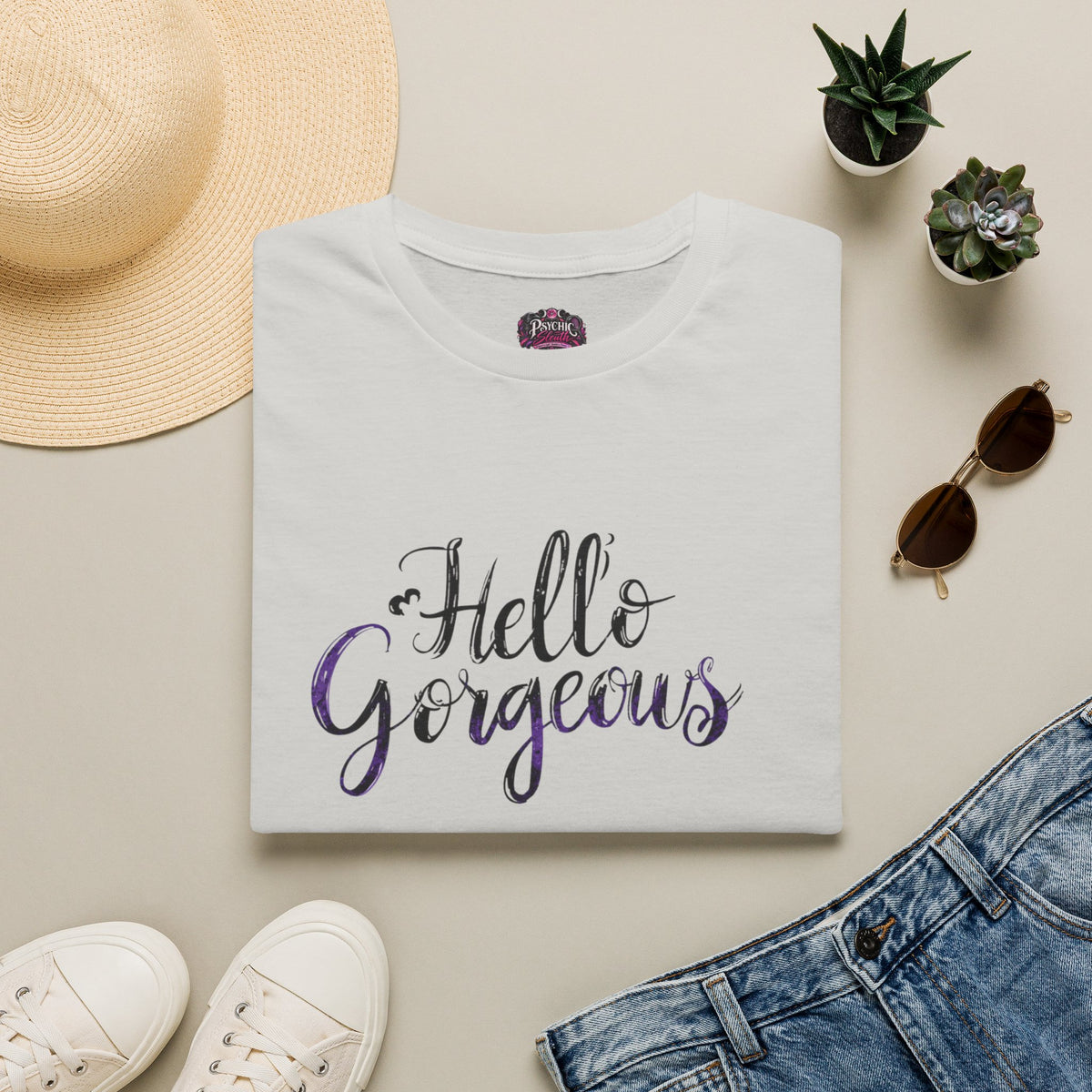 T-Shirt — "Hello Gorgeous" Purple Black Script Graphic Tee