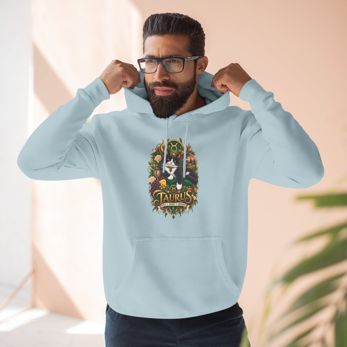 Taurus Tuxedo Cat Zodiac Hoodie — Earthy Bull Constellation Graphic Fleece Pullover