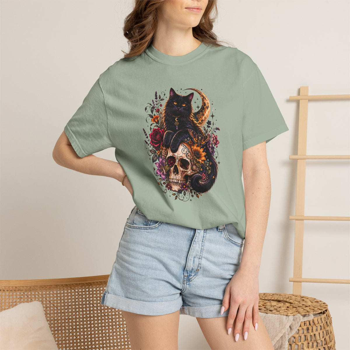 Cat & Skull Gothic T-Shirt — Black Cat Moon Floral Graphic Tee