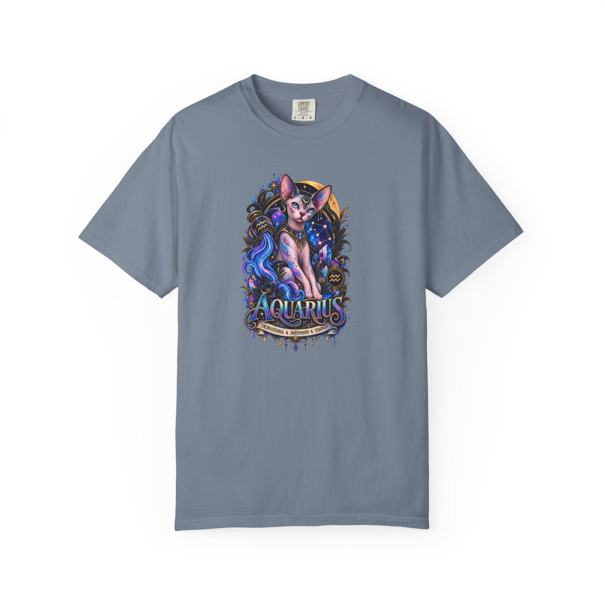 Aquarius Sphynx Cat Zodiac Tee- Celestial Astrology cat lover T-shirt