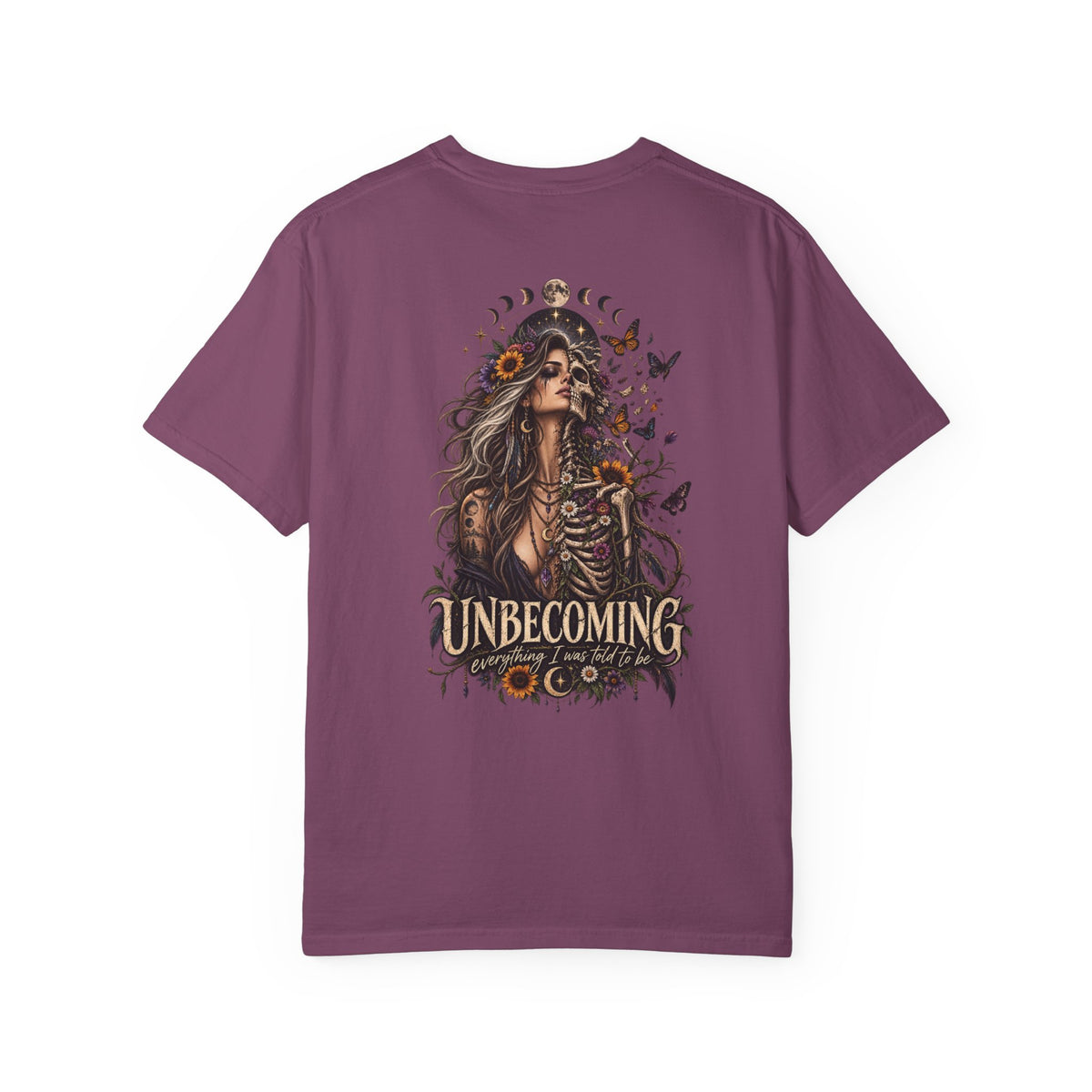 Unbecoming Gothic Moon T‑Shirt — Witchy Skeleton Art Tee