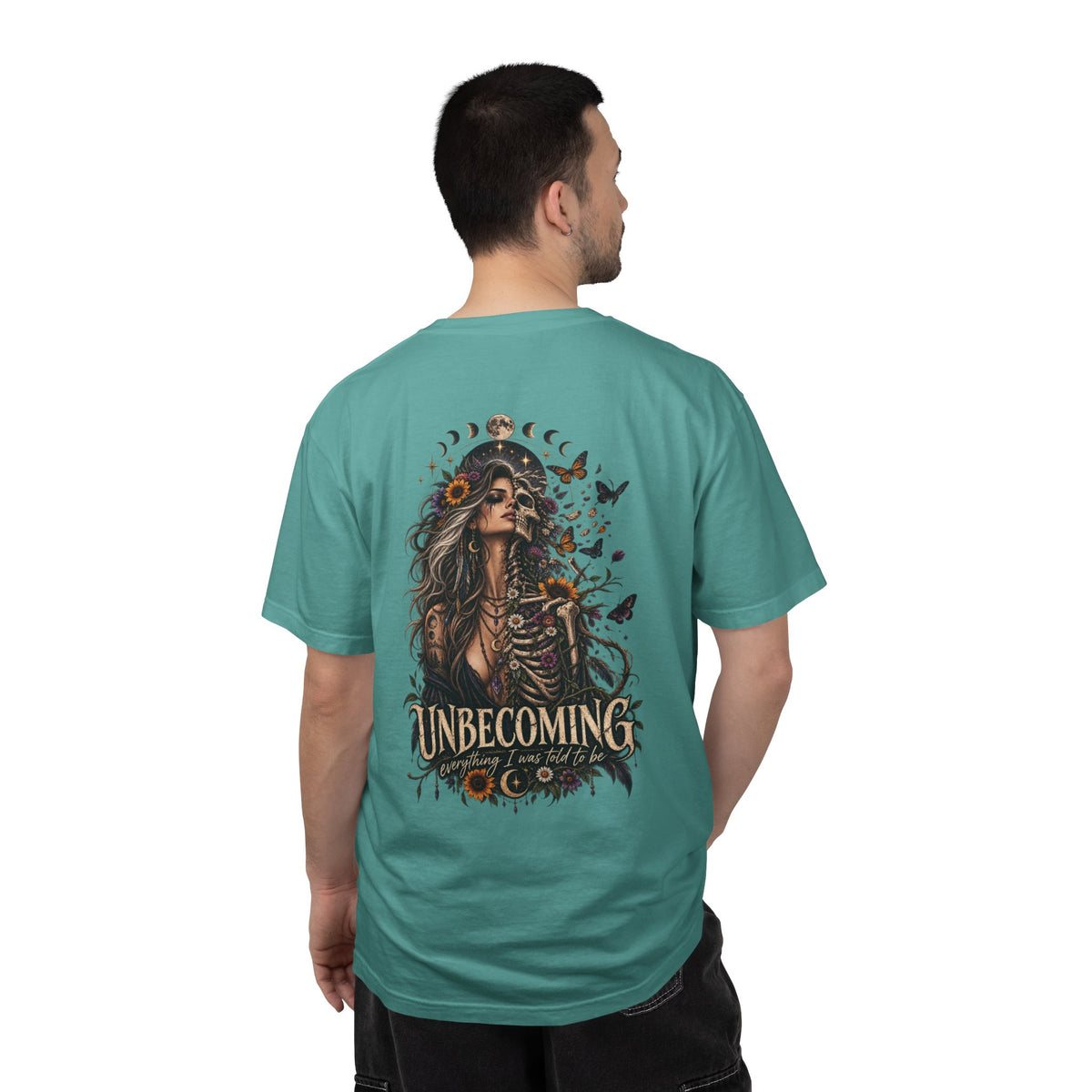 Unbecoming Gothic Moon T‑Shirt — Witchy Skeleton Art Tee