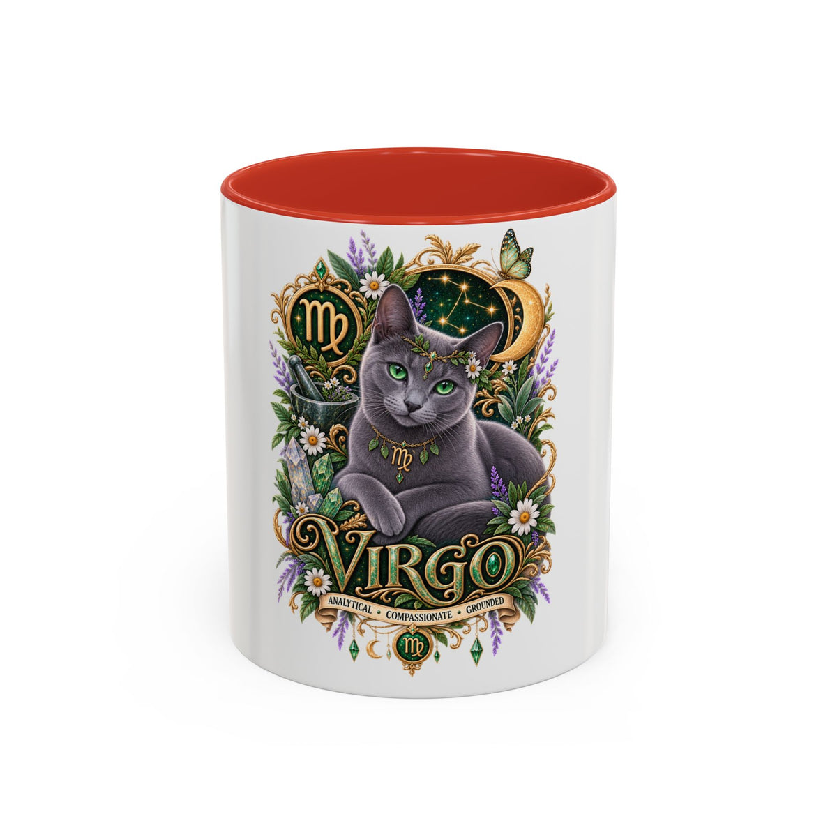 Virgo Russian Blue Cat Accent Coffee Mug — Zodiac Astrology Horoscope Gift (11/15 oz)