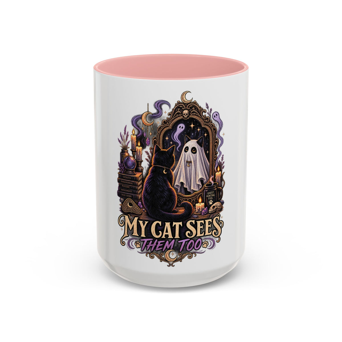 My Cat Sees Them Too Accent Coffee Mug – Halloween Cat & Ghost 11/15oz