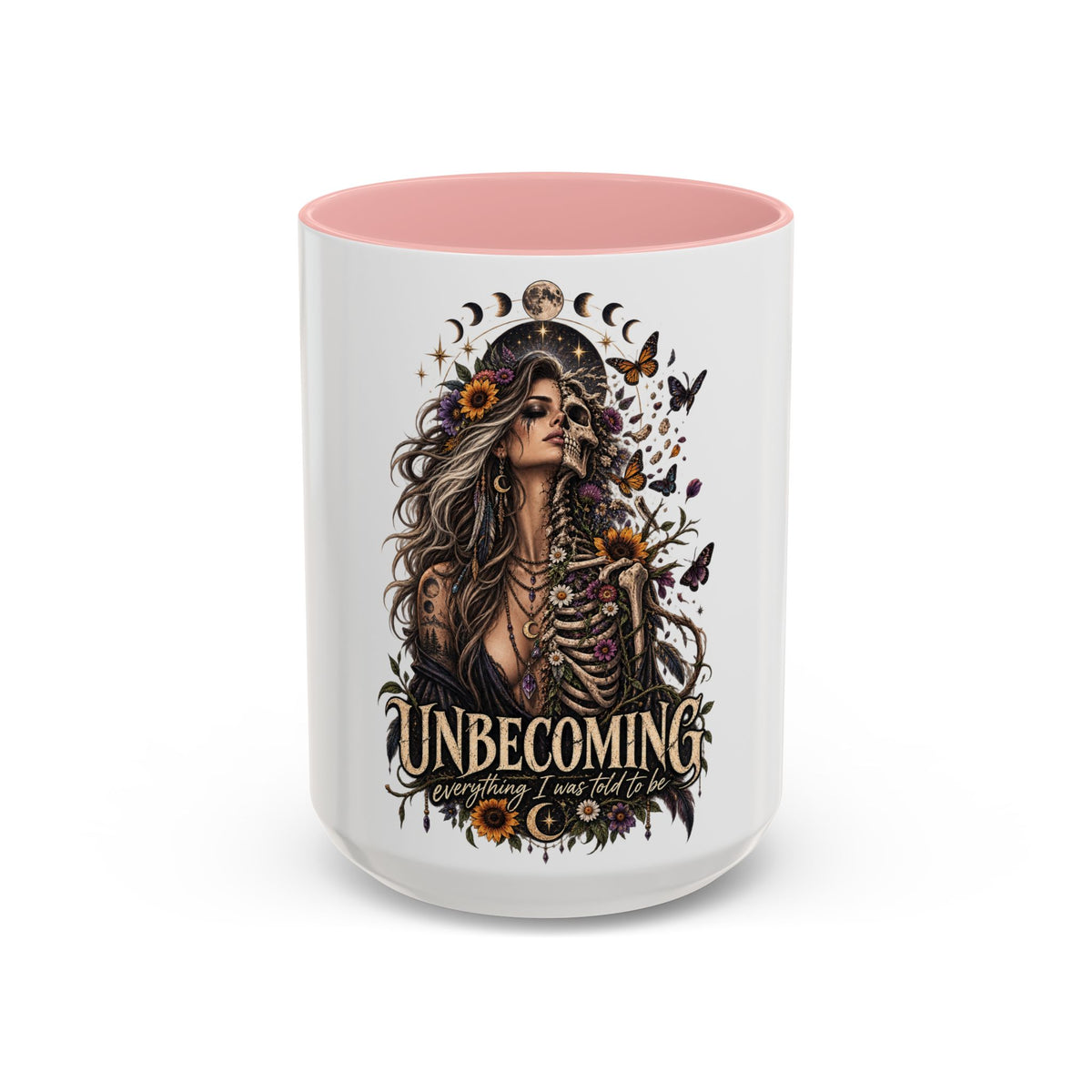 Unbecoming Empowerment Coffee Mug — Sunflowers Woman Skeleton & Moon Phases 11/15oz Accent Mug
