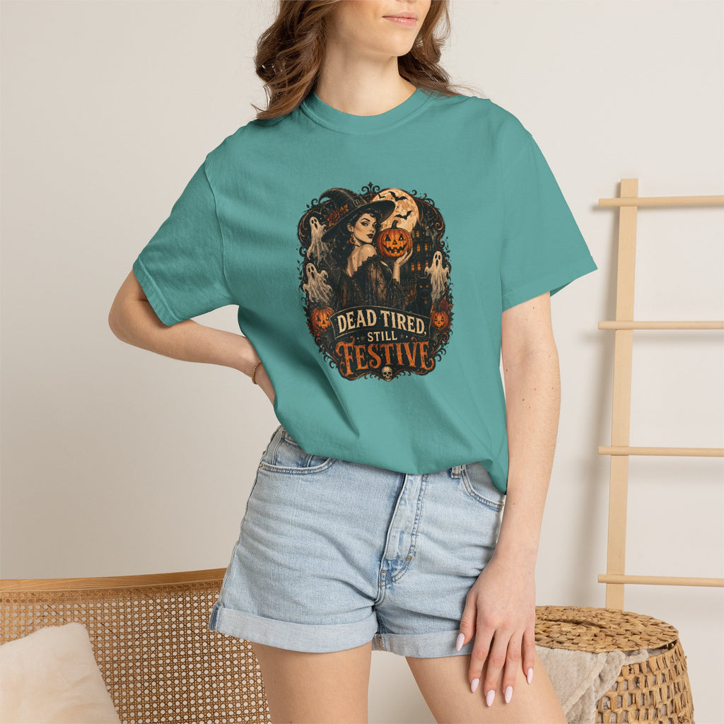Halloween Graphic T-Shirt — "Dead Tired but Festive" Vintage Horror Pumpkin Tee