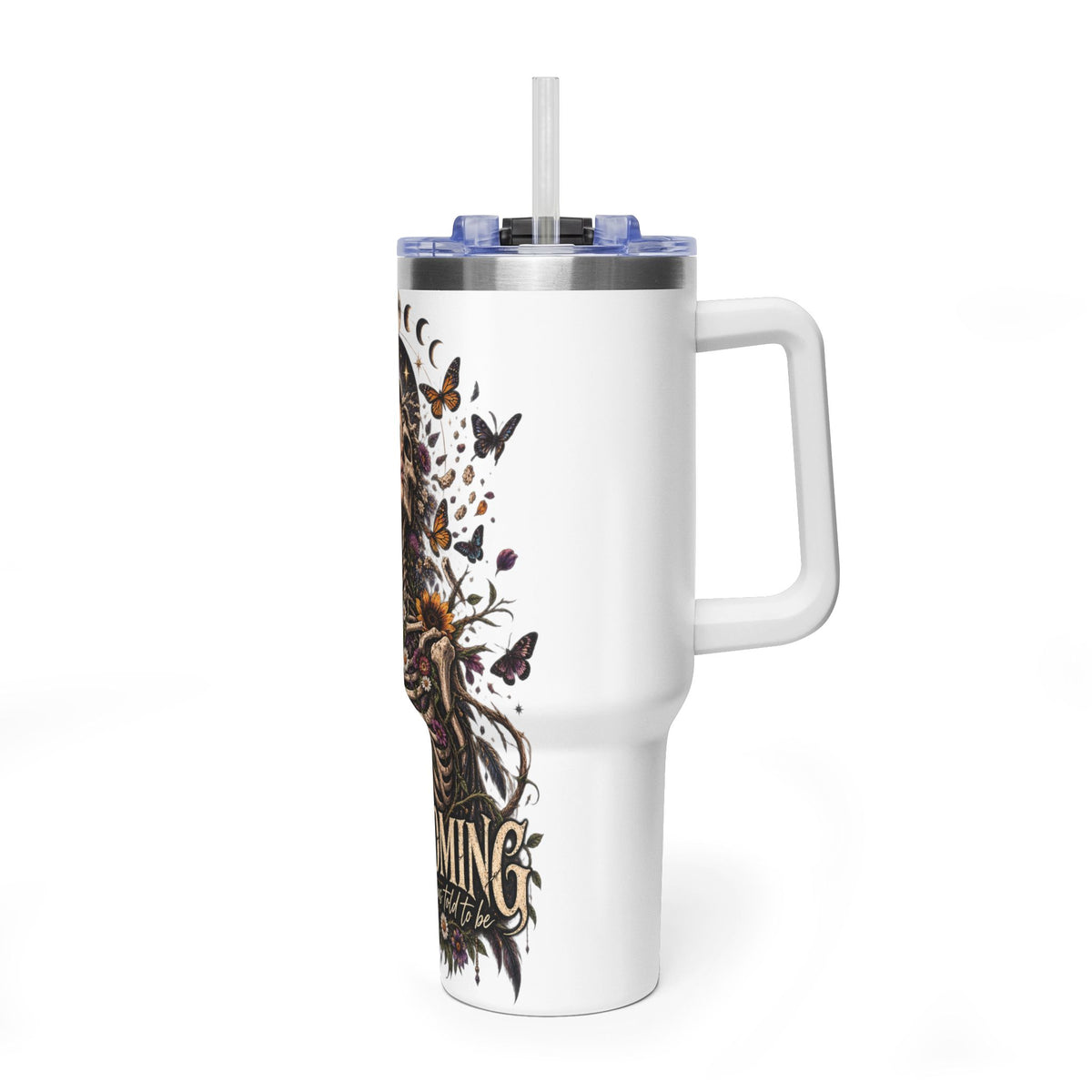 40oz Half human half skeleton Floral butterfly — "Unbecoming" Insulated Travel Cup