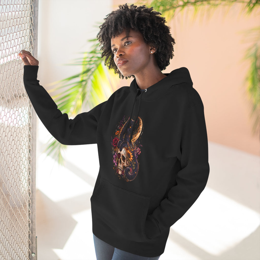 Skull & Cat Hoodie — Romantic Gothic Celestial Moon Graphic Fleece Pullover