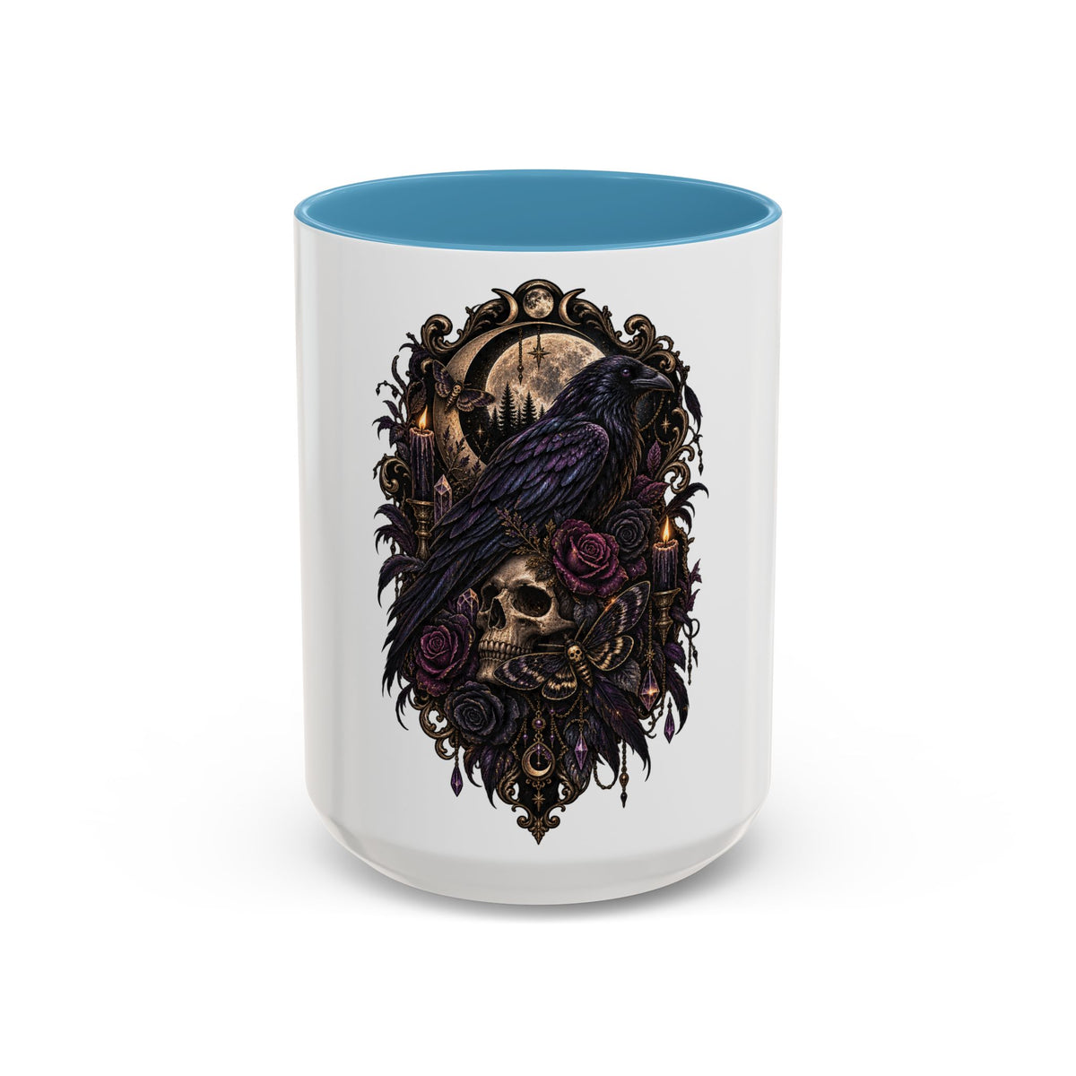 Gothic Raven & Skull Accent Coffee Mug — Dark Floral Occult Tea Cup
