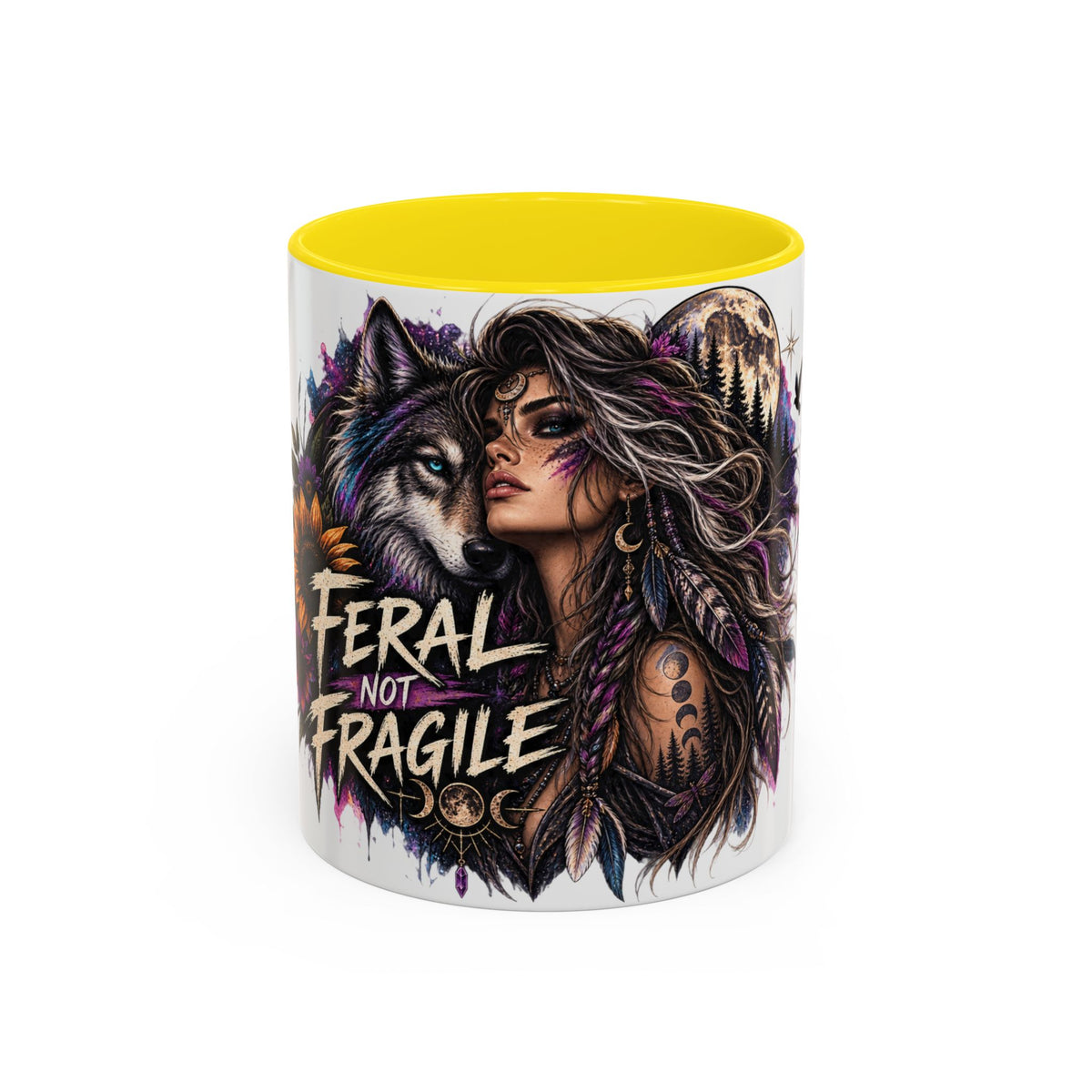 Feral Not Fragile Accent Coffee Mug — Wolf Goddess 11oz/15oz