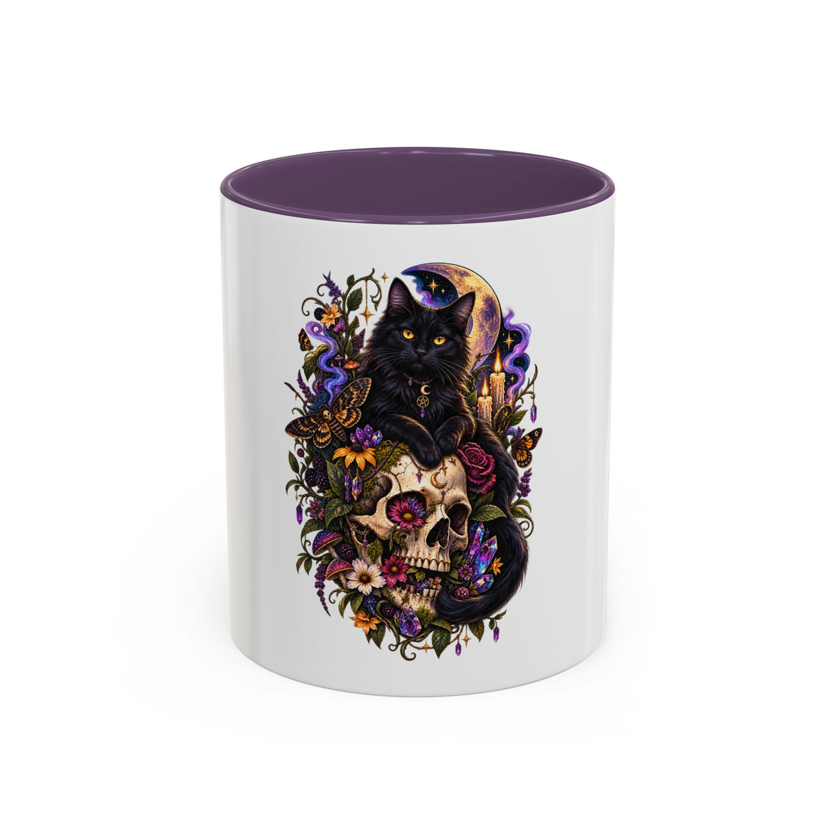 Black Cat & Skull Floral Accent Coffee Mug — Gothic Halloween Coffee Cup (11/15oz)