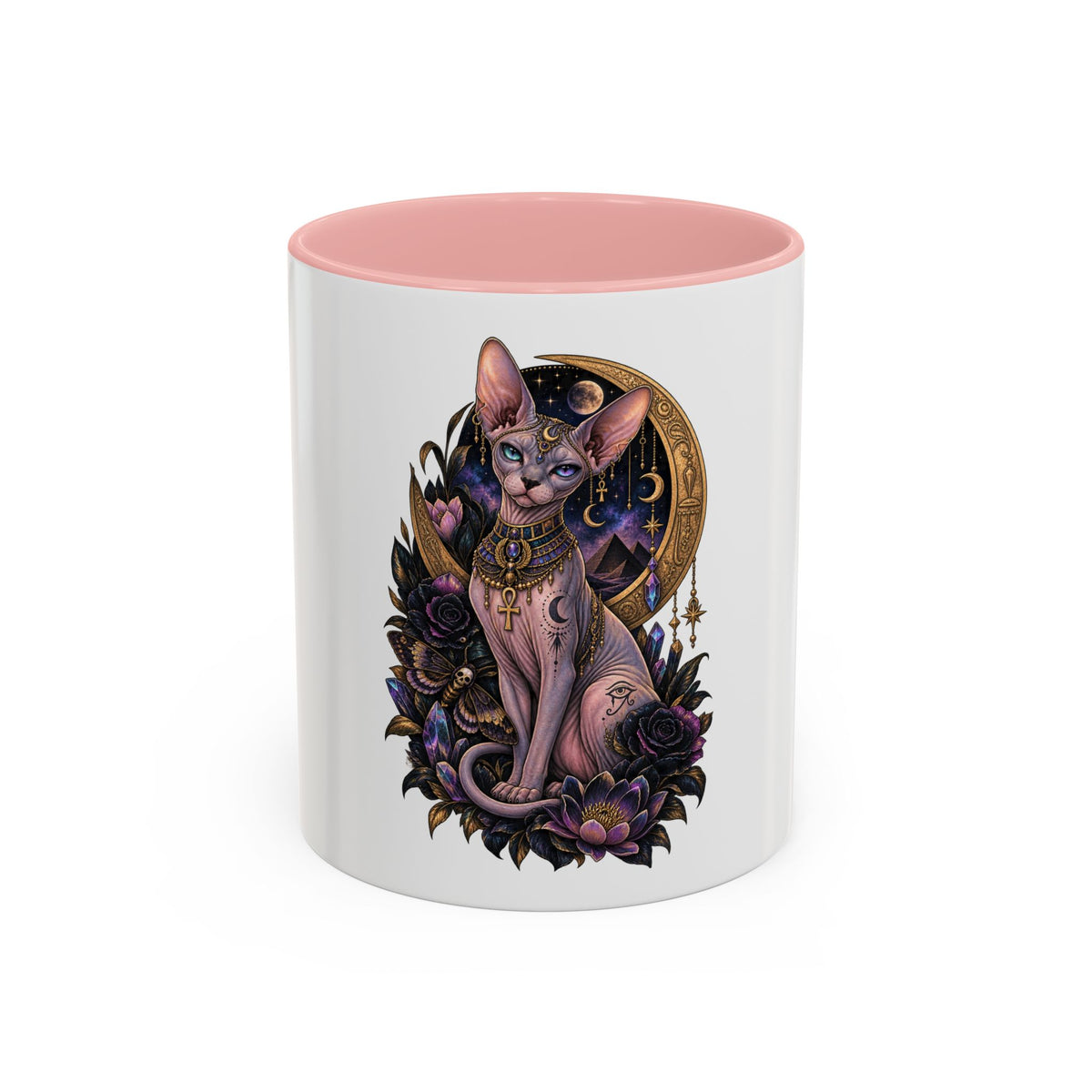 Mystic Sphynx Cat Coffee Mug — Magical Moon & Floral Accent (11/15 oz)