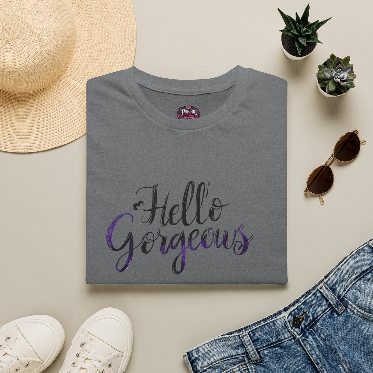 T-Shirt — "Hello Gorgeous" Purple Black Script Graphic Tee