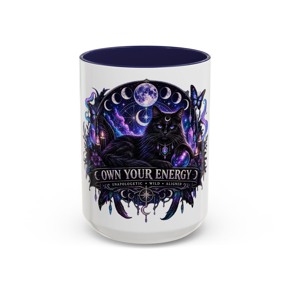 Own Your Energy Black Cat Coffee Mug – Spiritual Moon Phase Tea Cup