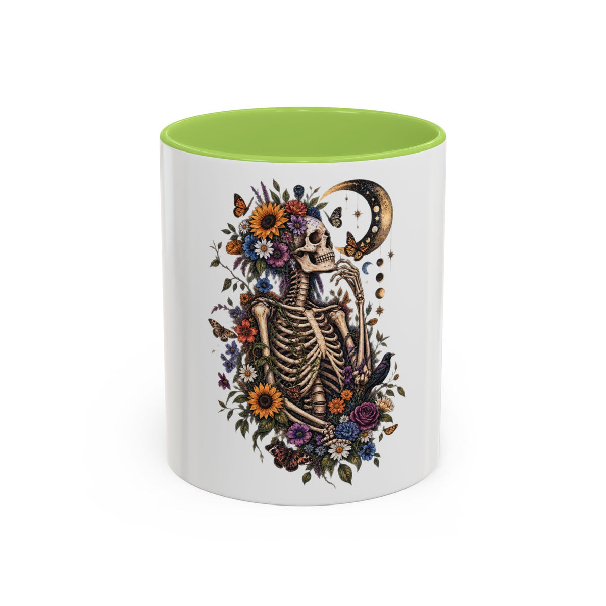 Skull & Moon Floral Coffee Mug — Gothic Botanical Accent Mug