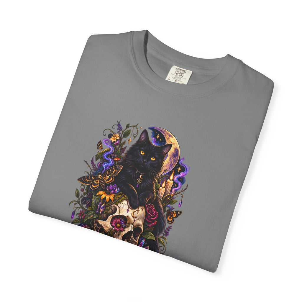 Skull & Black Cat Gothic T-Shirt — Dark Floral Day of the Dead Style