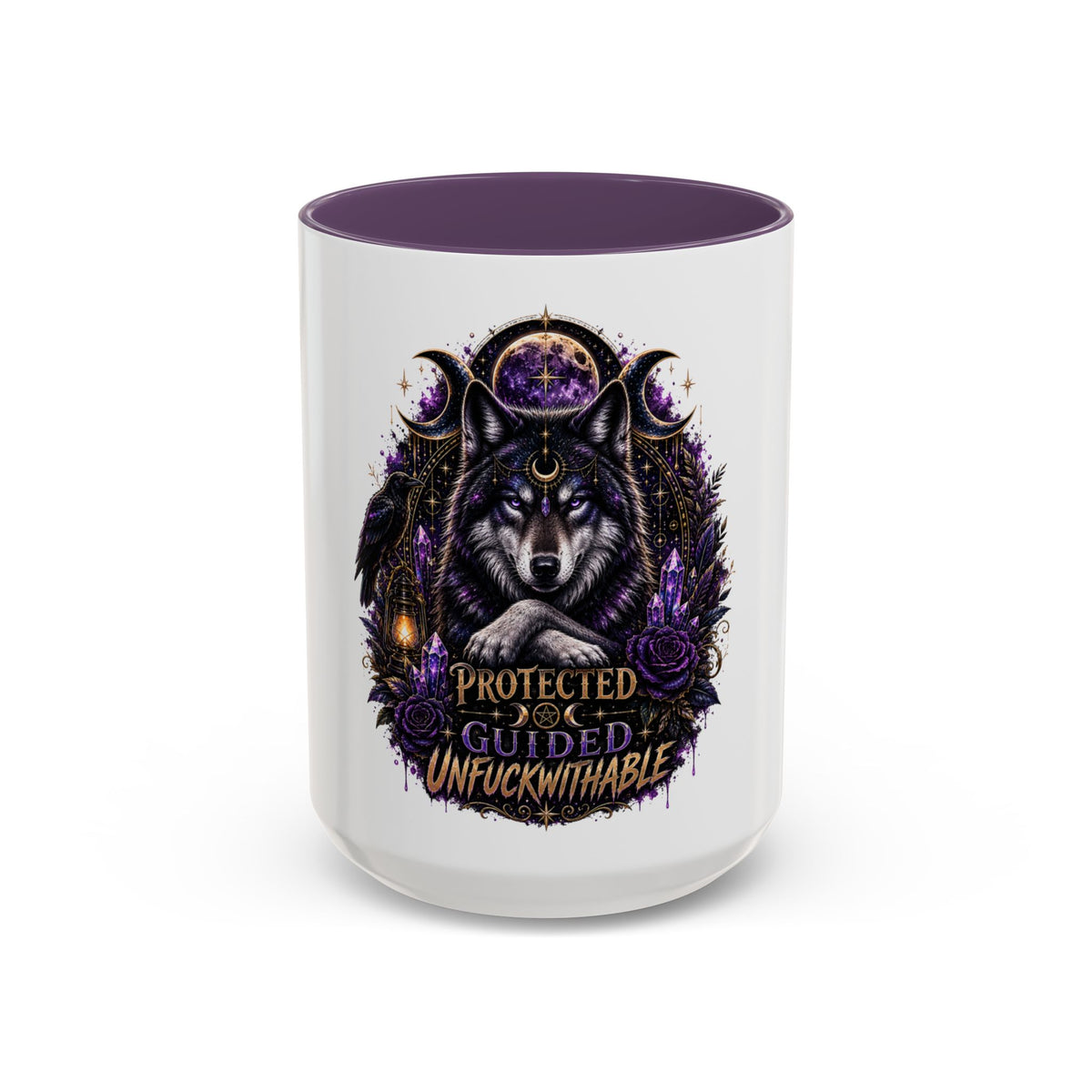 Protected, Guided & Unfuckwithable Wolf Coffee Mug — Spiritual Mystic Accent Mug (11/15oz)